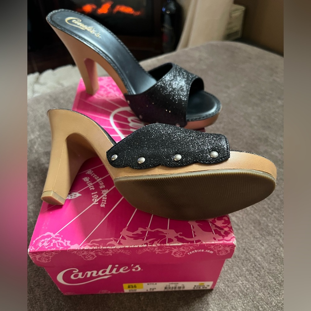 CANDIE’S Size 9.5 Black Glitter Retro-Look Disco Slide Sandals - SO COOL!